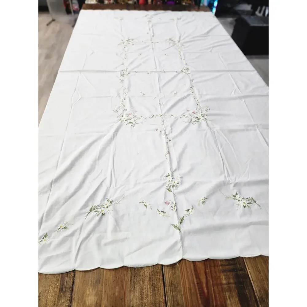 Vintage Rectangular Embroidered Floral Fabric Tablecloth Light Stain 79